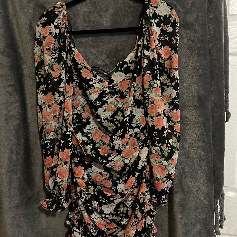 Black Floral Long Sleeve Mini Dress with open tie back